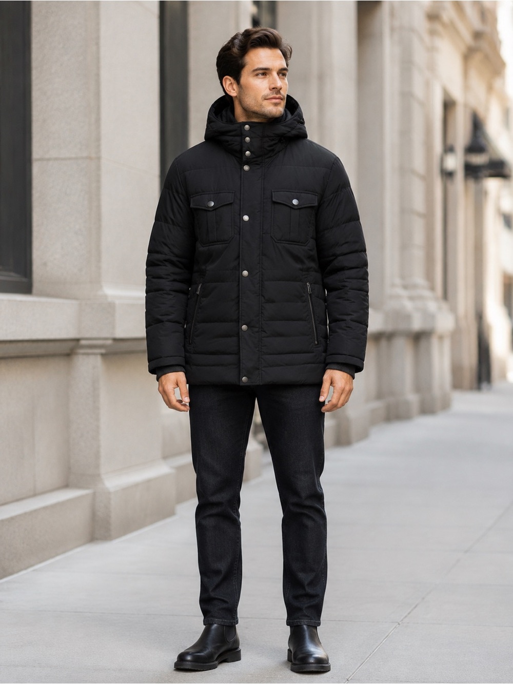London Fog Men’s L & XL Black Down Feather Hooded Puffer Winter Jacket